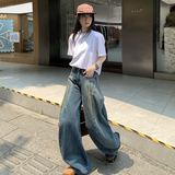 牛仔裤男女秋季美式复古脏染蓝宽松直筒弯刀阔腿长裤YD9011-P80，男装牛仔裤，星座509