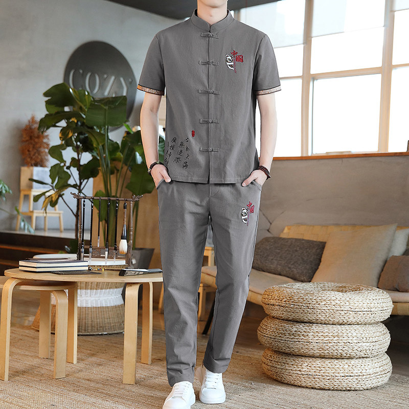 唐装男装风棉麻套装中式青年古装复古汉服外套中山装Y图片