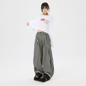 美式复古格纹撞色休闲裤男女同款秋季情侣宽松阔腿裤YD9056-P70图片