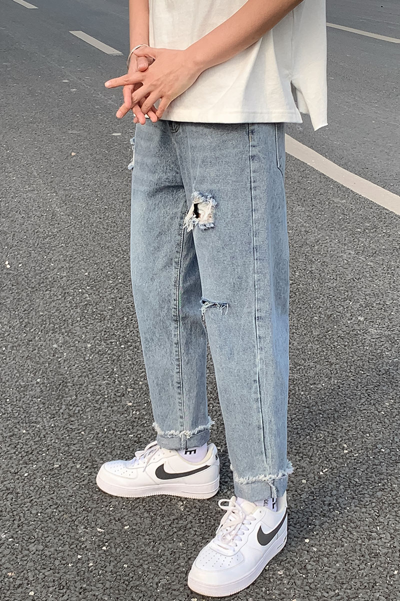 秋季青年男装破洞牛仔裤男潮牌宽松直筒修身九分裤小直筒,男装牛仔裤,星座509