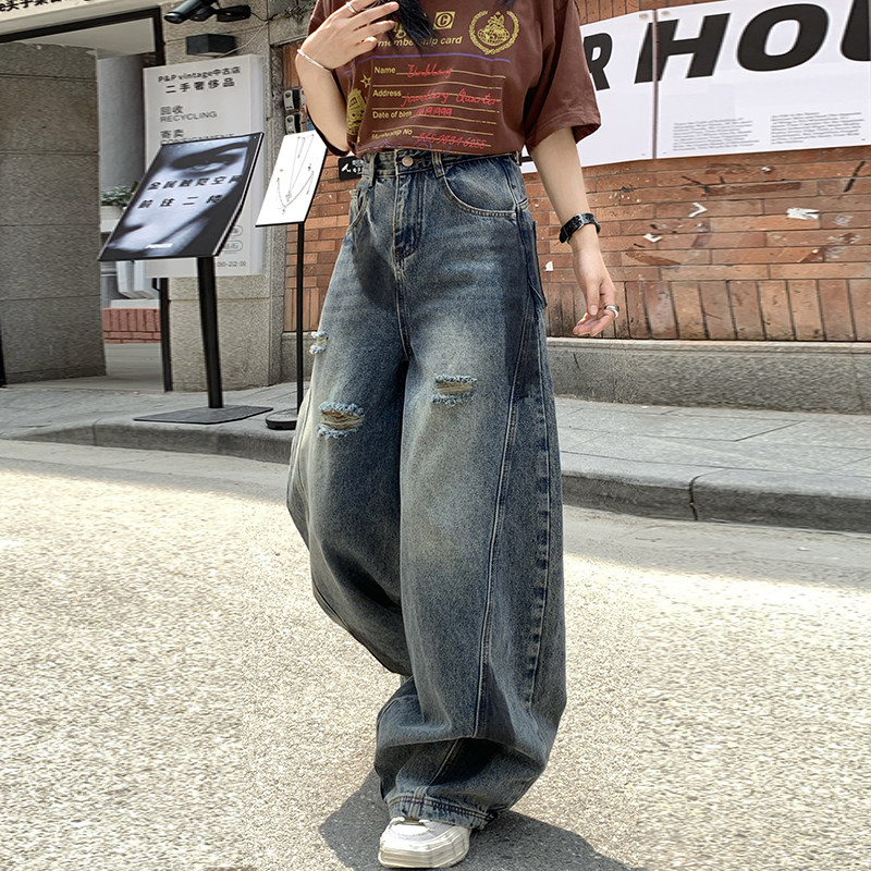 美式复古弯刀阔腿破洞牛仔裤男女高街宽松显瘦拖地裤子YD9005-P70,男装牛仔裤,星座509