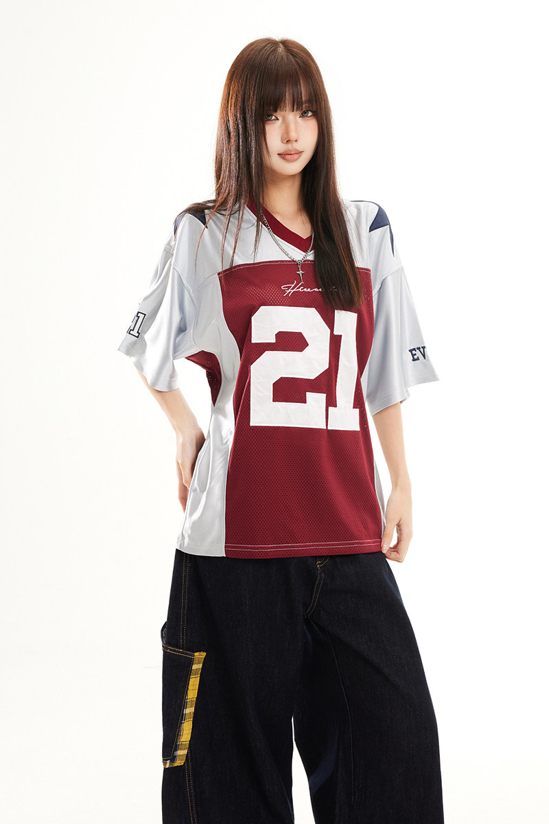 2026春季新款休闲撞色V领短袖T恤女宽松百搭运动风上衣YD283-P45,男装T恤,星座509