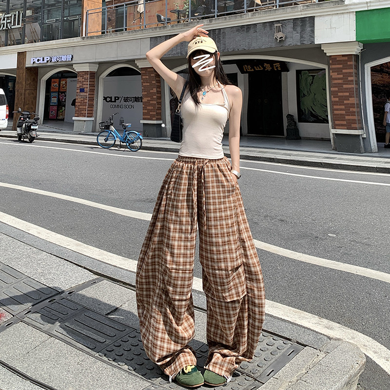 复古英伦风格纹休闲弯刀裤男女秋季宽松垂感伞兵阔腿裤YD9030-P65,男装休闲裤,星座509