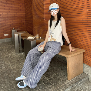 韩系多巴胺休闲格子裤男女秋季薄款宽松慵懒风阔腿长裤YD9019-P55图片