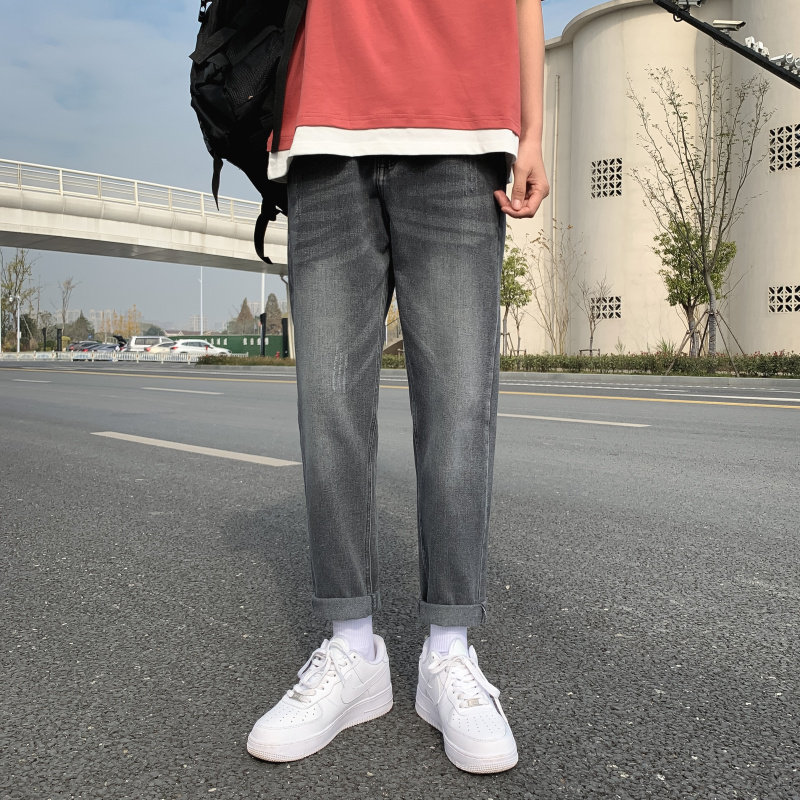 秋天牛仔裤男宽松韩版潮流薄款束脚裤九分休闲工装潮裤子图片