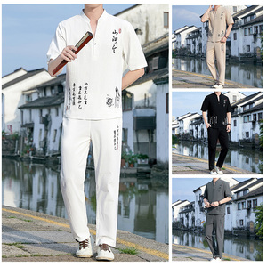 夏季中国风套装男复古棉麻短袖t恤古风男装唐装汉服古装YK512-P50图片