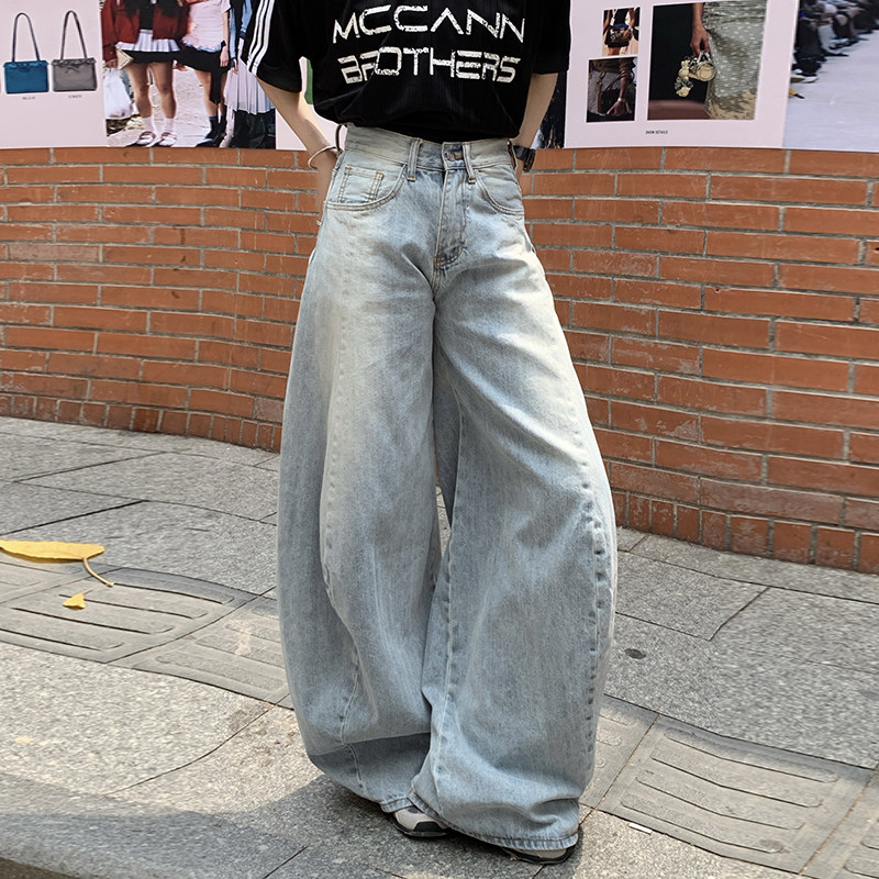 美式设计感秋季磨白拖地牛仔裤宽松阔腿长裤子直筒男女YD9012-P75,男装牛仔裤,星座509