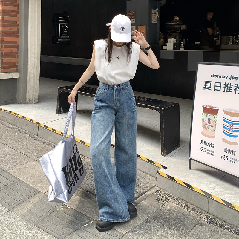 复古蓝做旧宽松阔腿牛仔裤男女秋季高腰显瘦拖地直筒裤YD9008-P70,男装牛仔裤,星座509