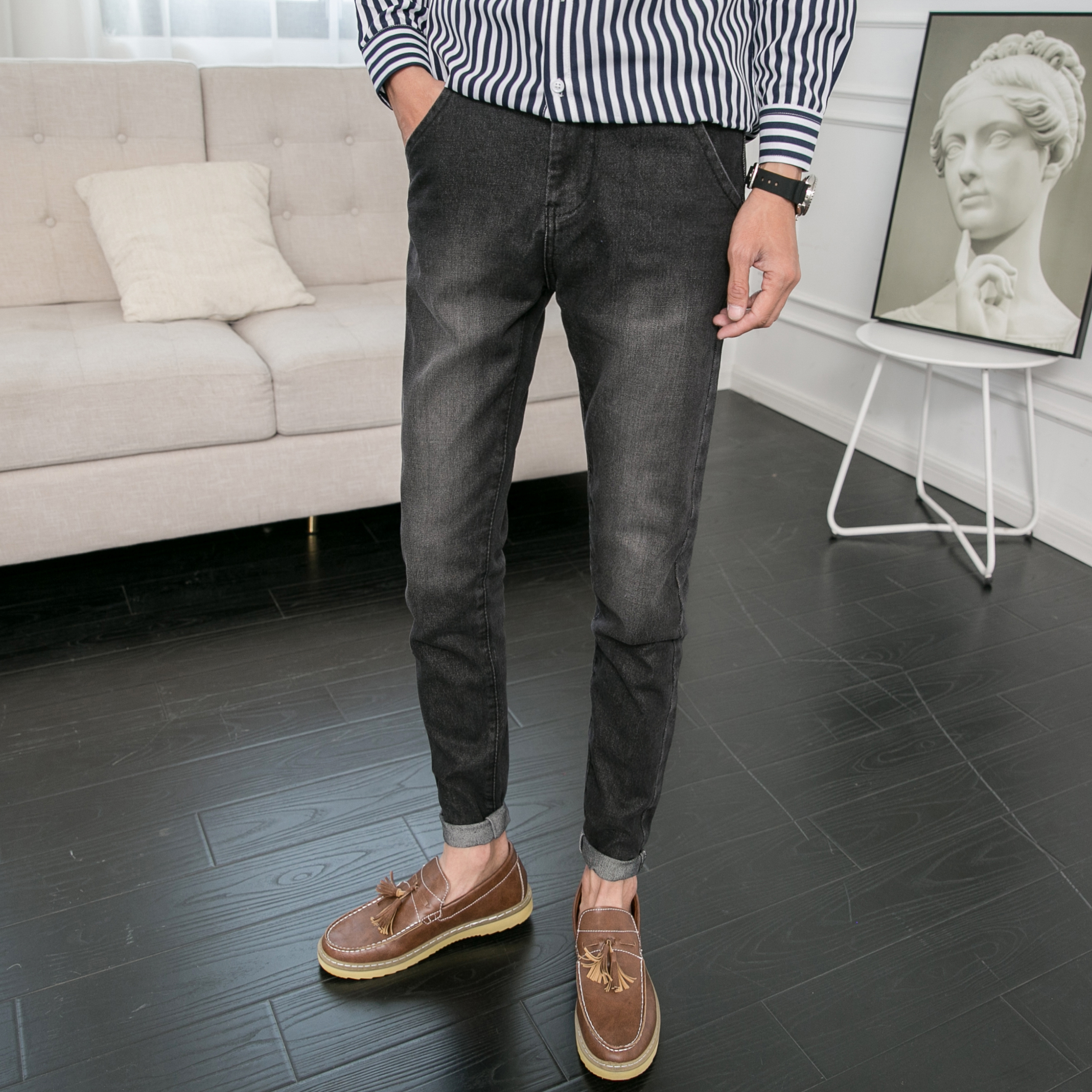 Winter new jeans men's small fresh pants trendy casual straight jeans pants men