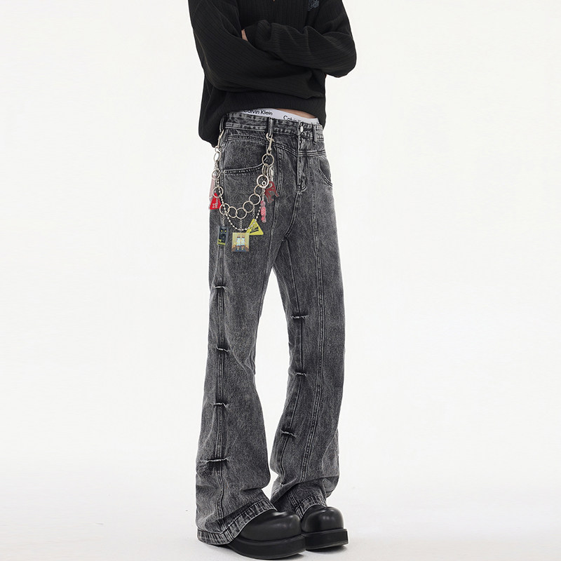 秋冬CleanFit黑灰雪花牛仔裤小众潮宽松拼接微喇直筒裤YA125-P50，男装牛仔裤，星座509