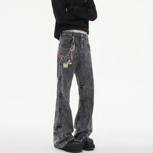 秋冬CleanFit黑灰雪花牛仔裤小众潮宽松拼接微喇直筒裤YA125-P50，男装牛仔裤，星座509