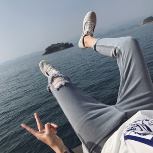 男士九分牛仔裤修身小脚弹力青少年韩版潮流裤子秋季图片