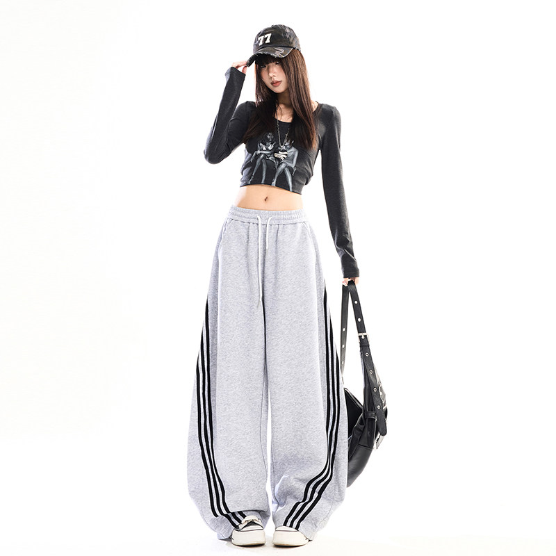 黑色美式运动休闲裤男女春季宽松阔腿三杠条纹街舞卫裤YD9096-P65，男装休闲裤，星座509