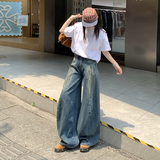 牛仔裤男女秋季美式复古脏染蓝宽松直筒弯刀阔腿长裤YD9011-P80，男装牛仔裤，星座509