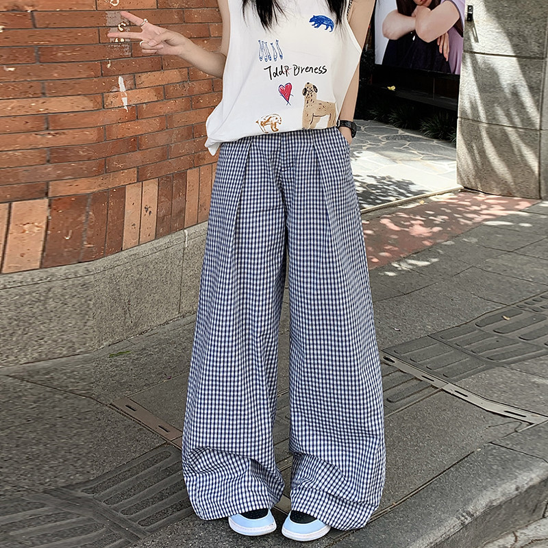 复古高腰格子褶皱休闲裤女秋季设计感直筒宽松显瘦裤子YD9019-P55,男装休闲裤,星座509