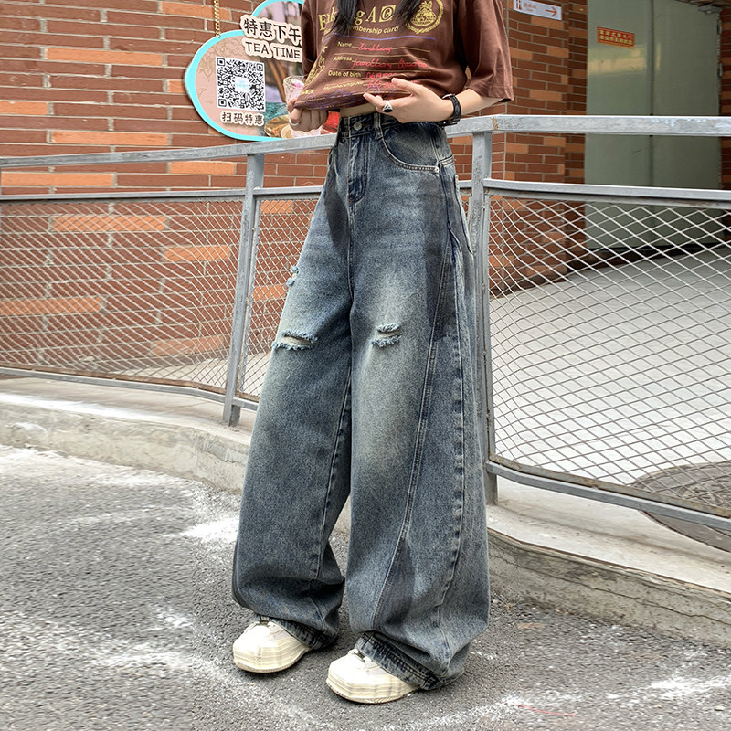美式复古弯刀阔腿破洞牛仔裤男女高街宽松显瘦拖地裤子YD9005-P70,男装牛仔裤,星座509