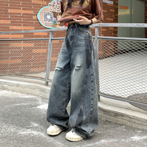 美式复古弯刀阔腿破洞牛仔裤男女高街宽松显瘦拖地裤子YD9005-P70图片