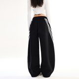 条纹抽绳黑色直筒弯刀休闲裤女松紧腰宽松显瘦阔腿裤子YD9096-P65，男装休闲裤，星座509