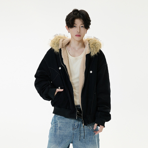座山雕黑色短款棉服男女冬季美式加厚毛领连帽外套棉衣YD03-P140图片