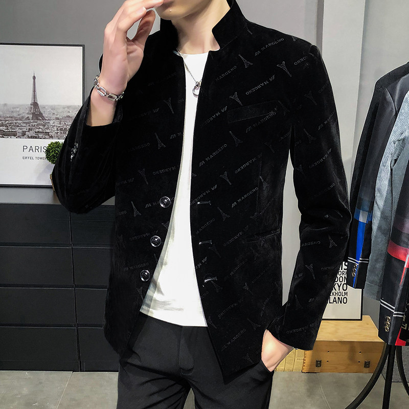 男士休闲立领金丝绒西装平绒西服青年中山装单西外套V816-P70图片