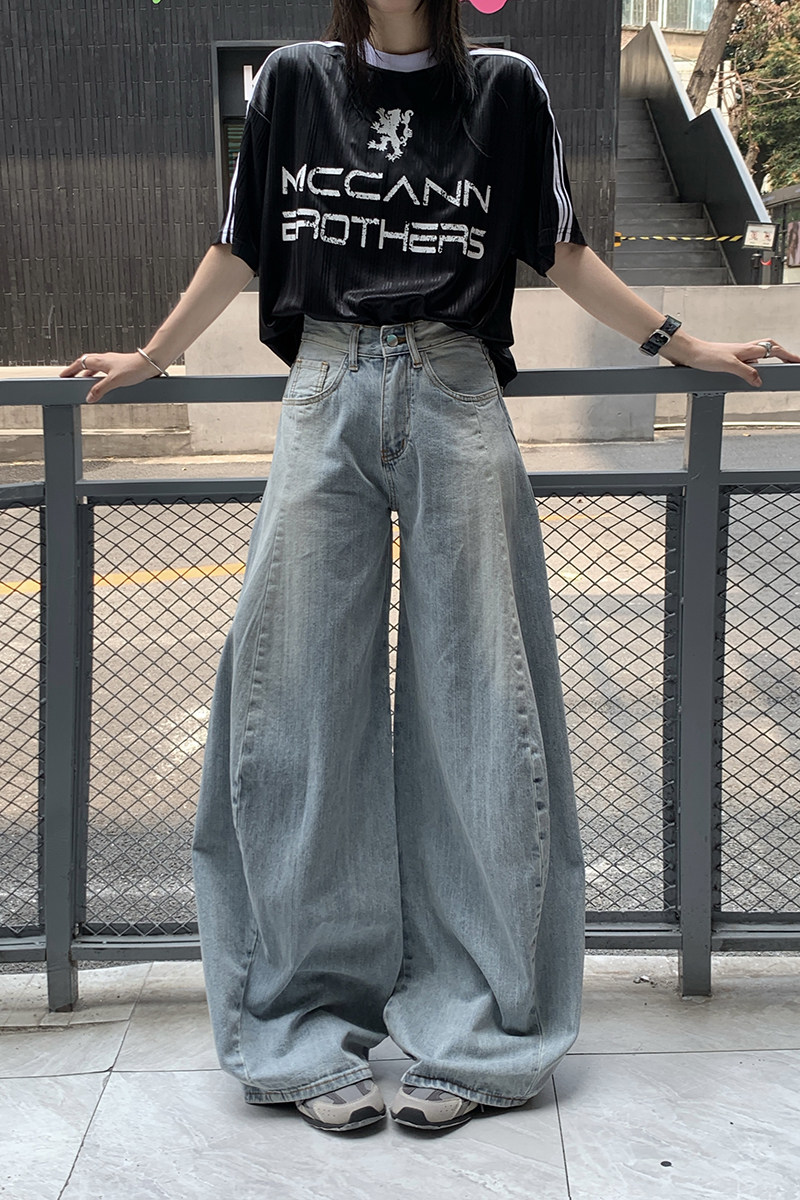 美式设计感秋季磨白拖地牛仔裤宽松阔腿长裤子直筒男女YD9012-P75,男装牛仔裤,星座509