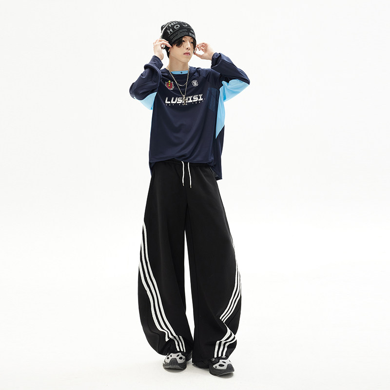 2026春季新款美式复古三条杠撞色弯刀裤宽松抽绳休闲裤YD9096-P65,男装休闲裤,星座509