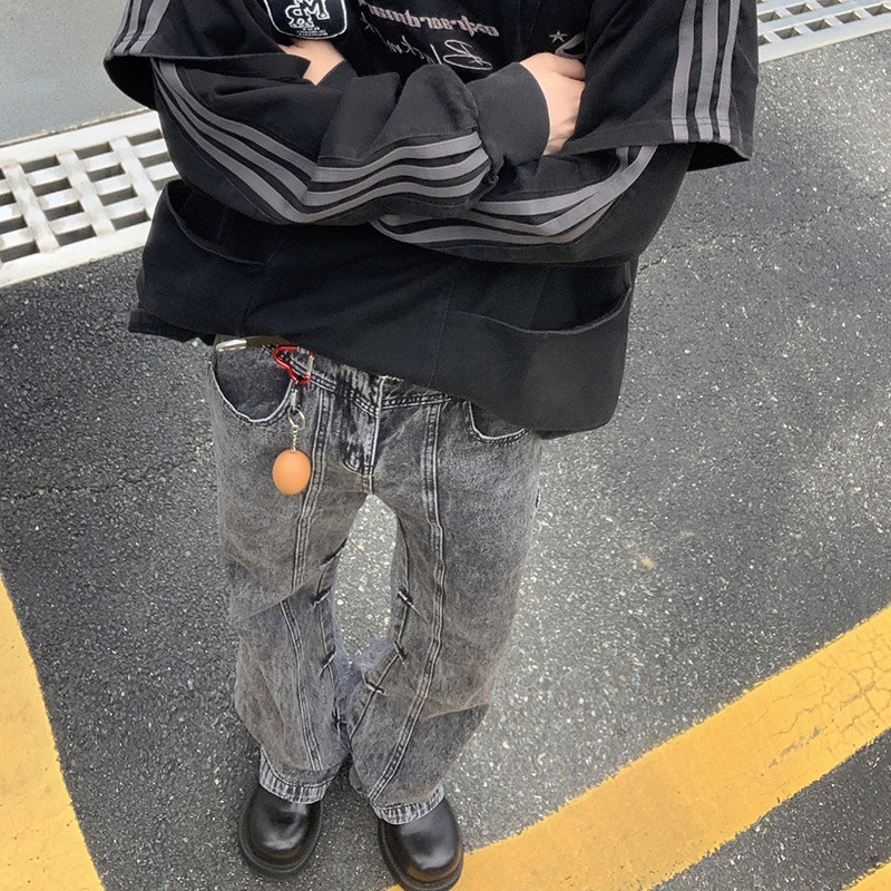 潮牌设计感褶皱牛仔裤男美式街头高街宽松微喇叭阔腿裤YA125-P50,男装牛仔裤,星座509