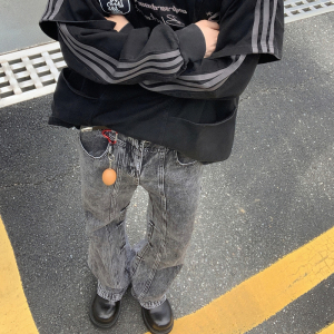 潮牌设计感褶皱牛仔裤男美式街头高街宽松微喇叭阔腿裤YA125-P50图片