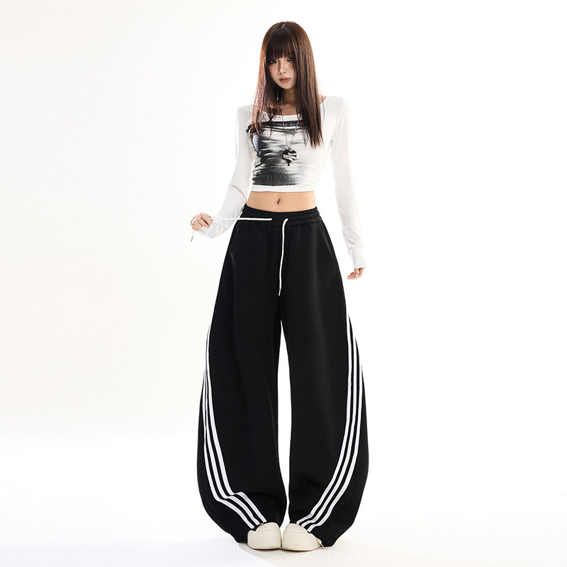 藏青三条杆撞色运动卫裤男女春季宽松松弛感阔腿弯刀裤YD9096-P65，男装休闲裤，星座509