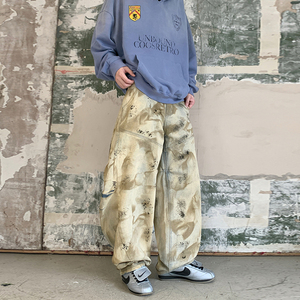 hiphop脏染做旧直筒牛仔裤男女高街宽松垂感拖地阔腿裤YD9033-P80图片