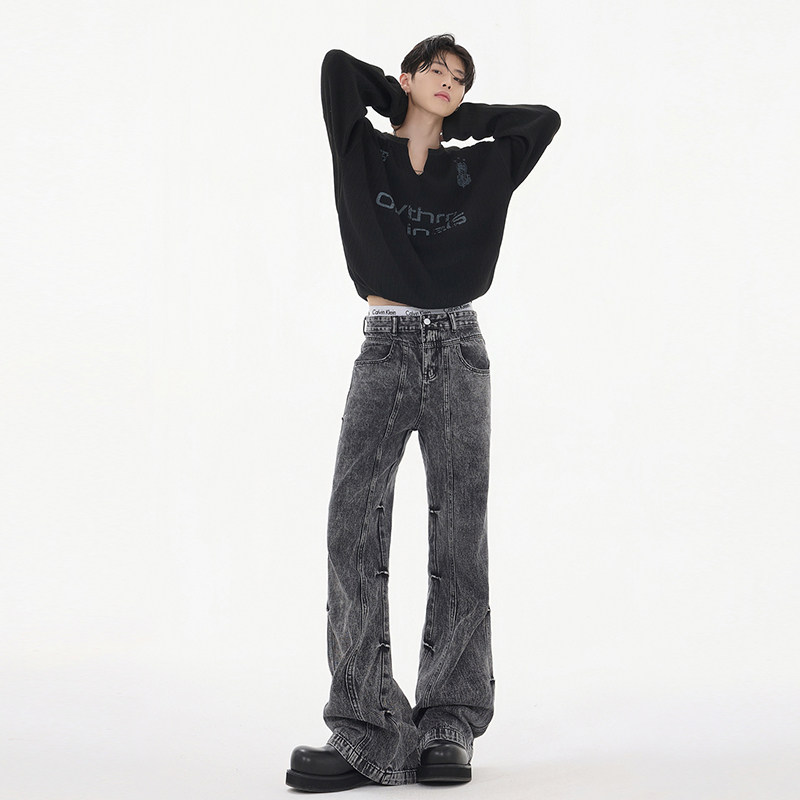 秋冬CleanFit美式复古皱褶牛仔裤高街潮牌拼接微喇直筒YA125-P50，男装牛仔裤，星座509