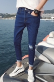 春季新款男士九分牛仔裤韩版一字破洞9分修身小脚乞丐裤K48-P35，男装牛仔裤，星座509