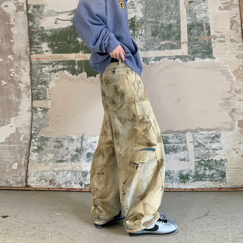 hiphop脏染做旧直筒牛仔裤男女高街宽松垂感拖地阔腿裤YD9033-P80,男装牛仔裤,星座509