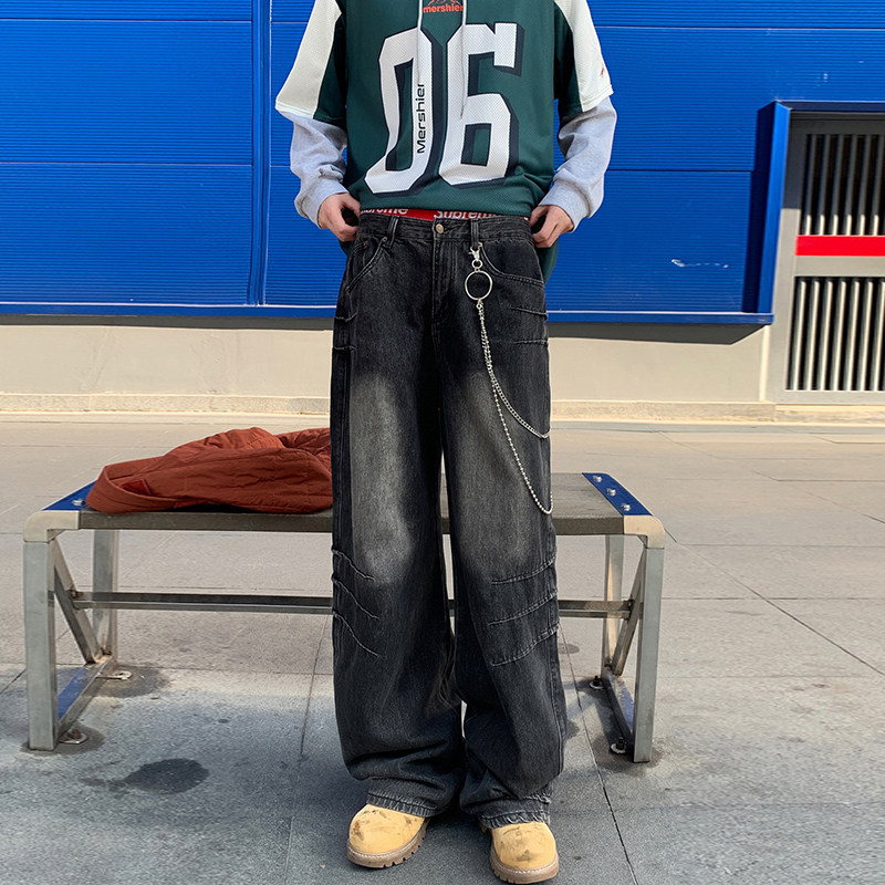 设计感痞帅阔腿褶皱磨白牛仔裤直筒宽松裤子情侣男女长裤YD96-P85，男装牛仔裤，星座509