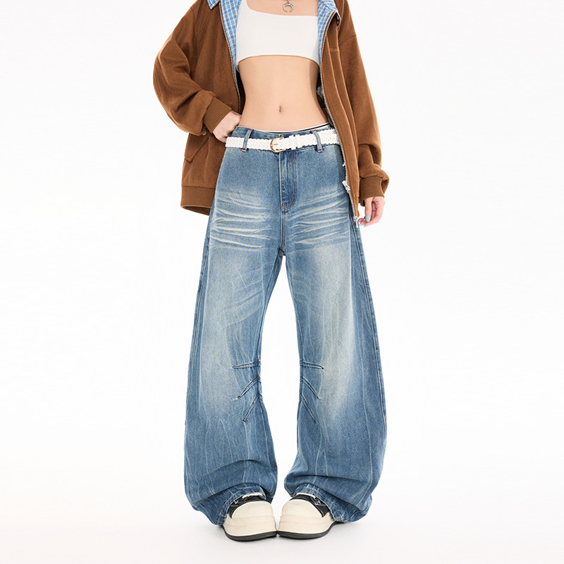 美式复古阔腿牛仔裤男女2026春季宽松显瘦阔腿弯刀长裤YD9079-P75，男装牛仔裤，星座509