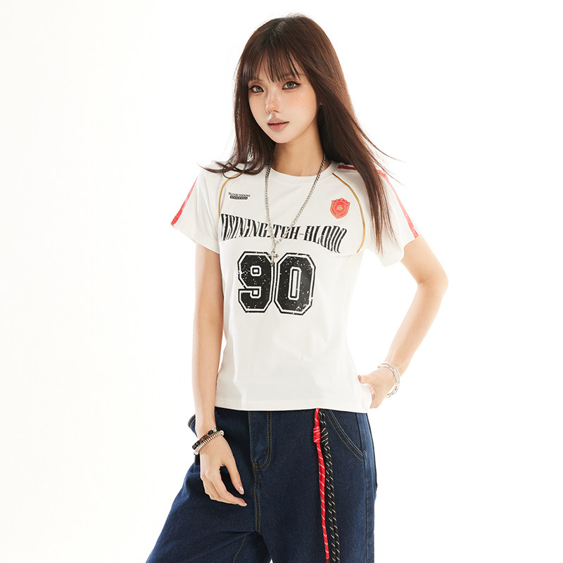 美式复古球衣风短袖t恤女2026夏季辣妹运动修肩短款上衣YD266-P35，男装T恤，星座509