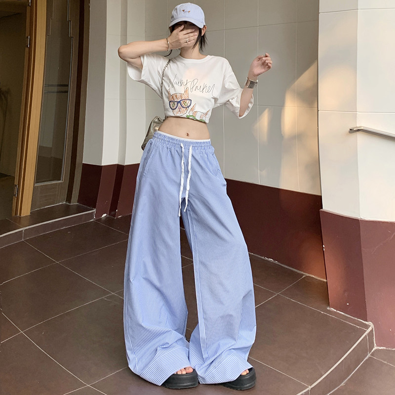 蓝色条纹阔腿裤男女薄慵懒风百搭高腰显瘦宽松休闲长裤YD9010-P55,男装休闲裤,星座509