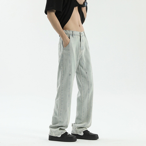 泥黄染拼接铆钉clean fit微喇牛仔裤潮牌男港风高街长裤YD89-P50图片