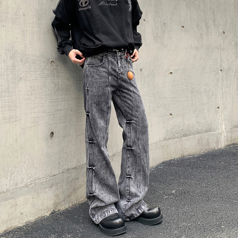 潮牌设计感褶皱牛仔裤男美式街头高街宽松微喇叭阔腿裤YA125-P50，男装牛仔裤，星座509