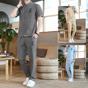 中式唐装套装中国风男装夏季棉麻T恤古装汉服外套复古风YK11-P55图片