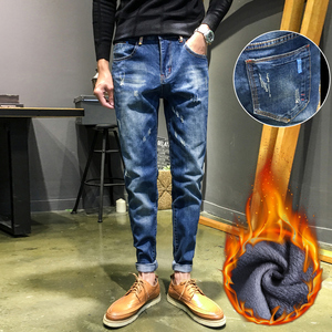 高端加绒加厚牛仔裤男修身小脚蓝色休闲长裤子韩版秋冬季K028-P55图片
