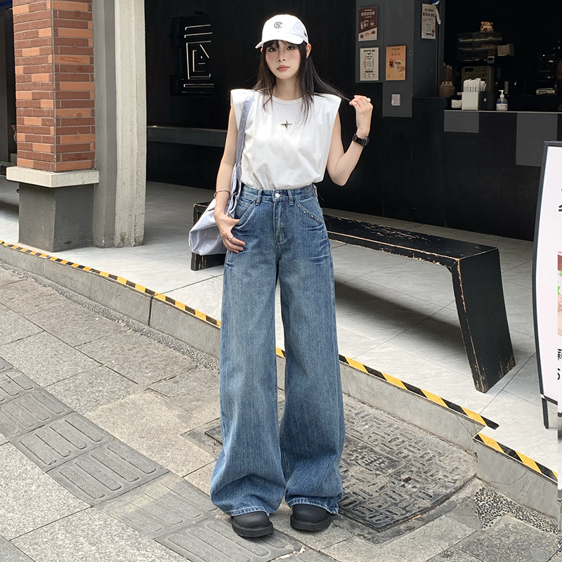 复古蓝做旧宽松阔腿牛仔裤男女秋季高腰显瘦拖地直筒裤YD9008-P70,男装牛仔裤,星座509