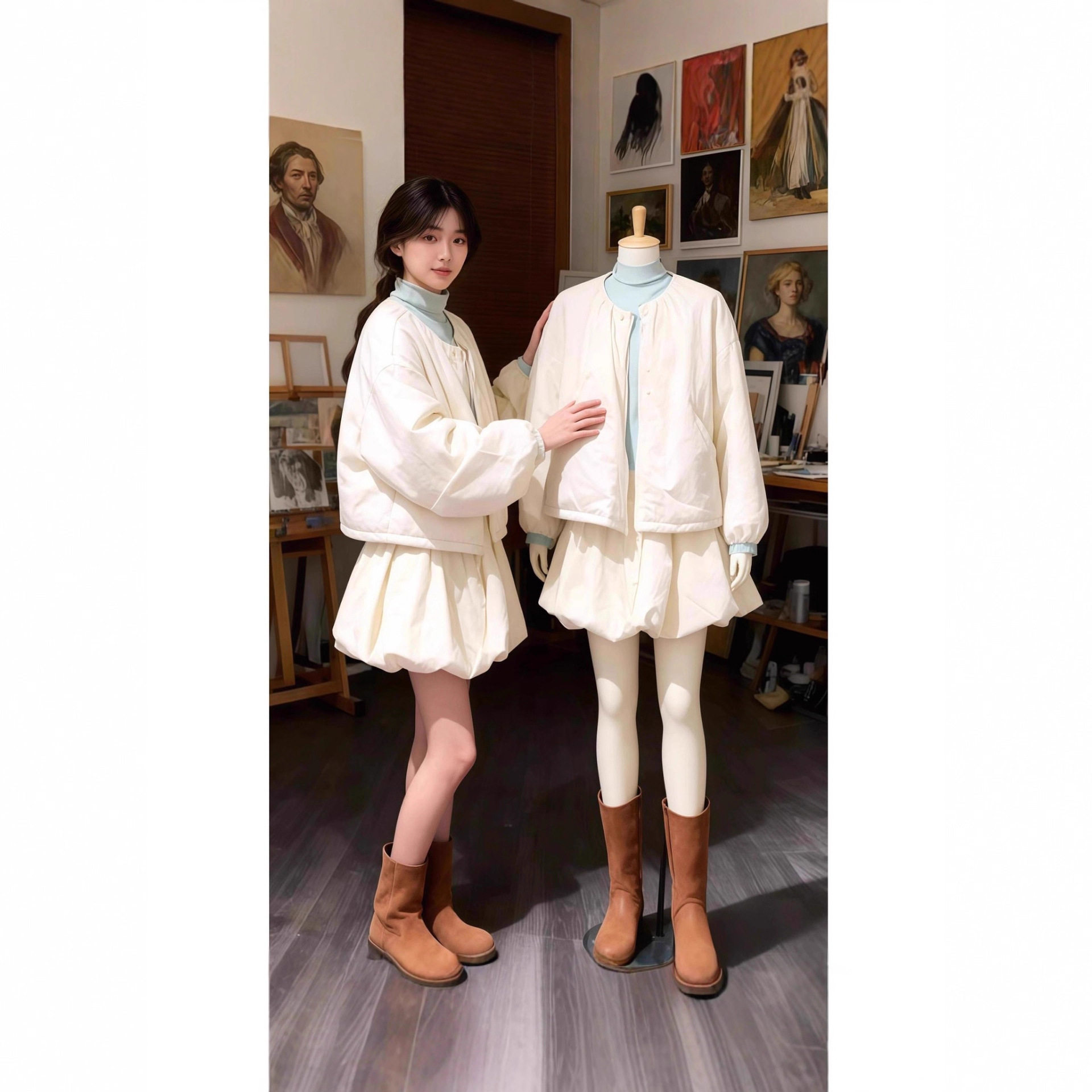 2025年冬季新款圆领保暖棉服夹克外套蓬蓬花苞半身裙两件套装女