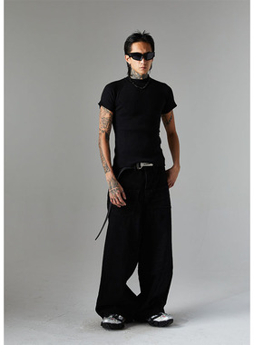 （断码特价）反面设计牛仔阔腿长裤 黑色拖地宽松裤子