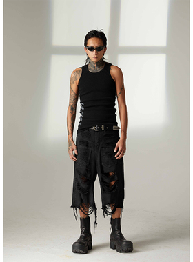 ATSF30  割破刷漆重工艺七分短裤黑色牛仔裤