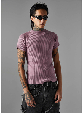 ATSF30夏季SS 短袖紧身螺纹纯色毛衣/烟熏紫/碳灰/草绿/黑色/白色