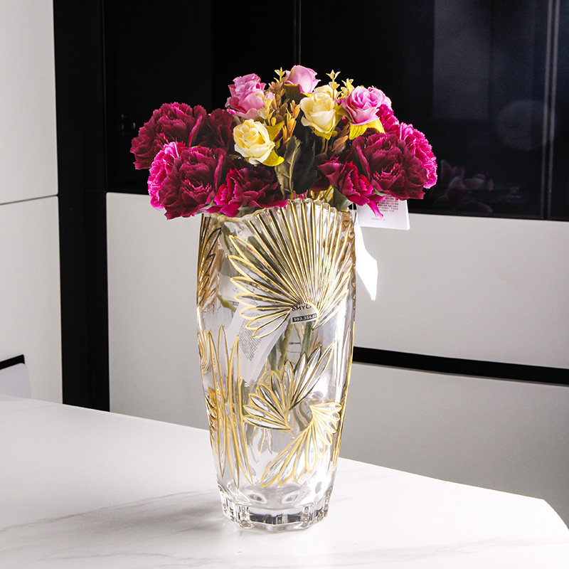 金色欧式水晶玻璃花瓶北欧创意大干花富贵竹餐桌客厅插花摆件