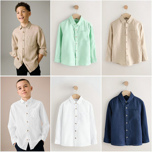 英国Next正品亲子装 26春夏新 男童大男孩白色卡其色亚麻长袖衬衫