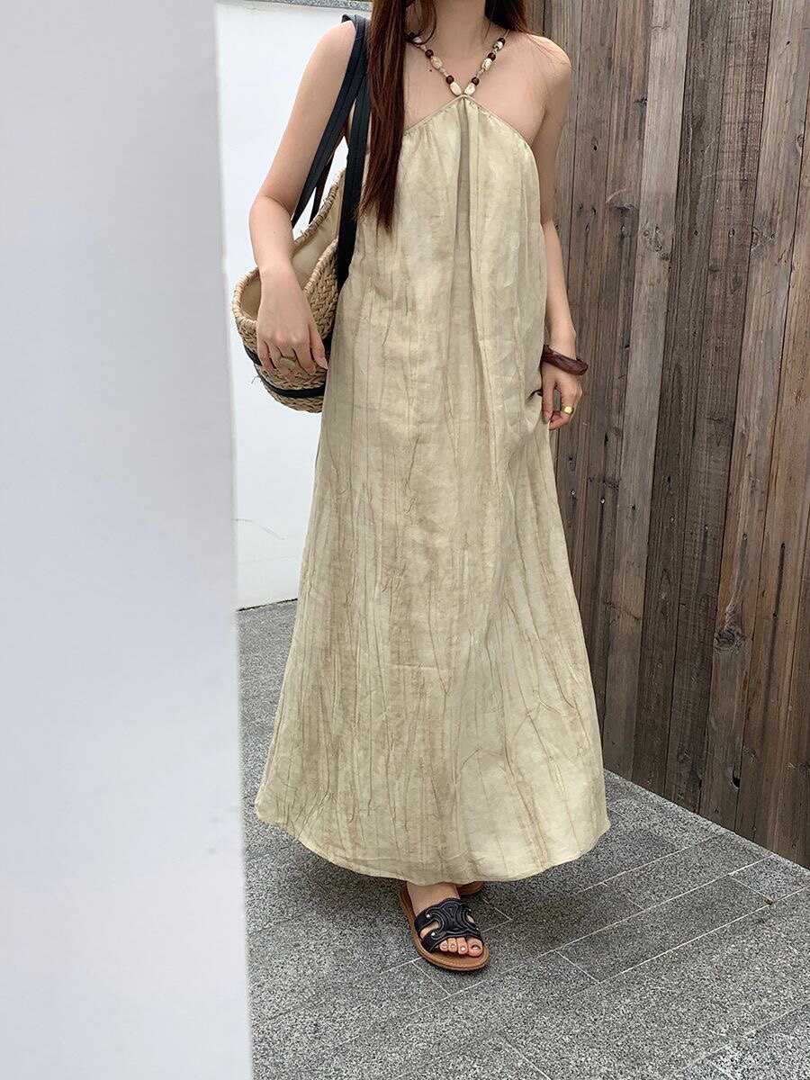 “清冷仙气”珠子挂脖吊带裙子新中式女装连衣裙度假拖地长裙
