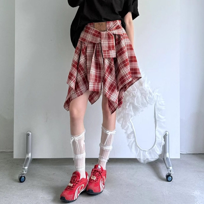 “复古学院少女”潮流个性设计感叠穿绑带假两件格纹半身裙